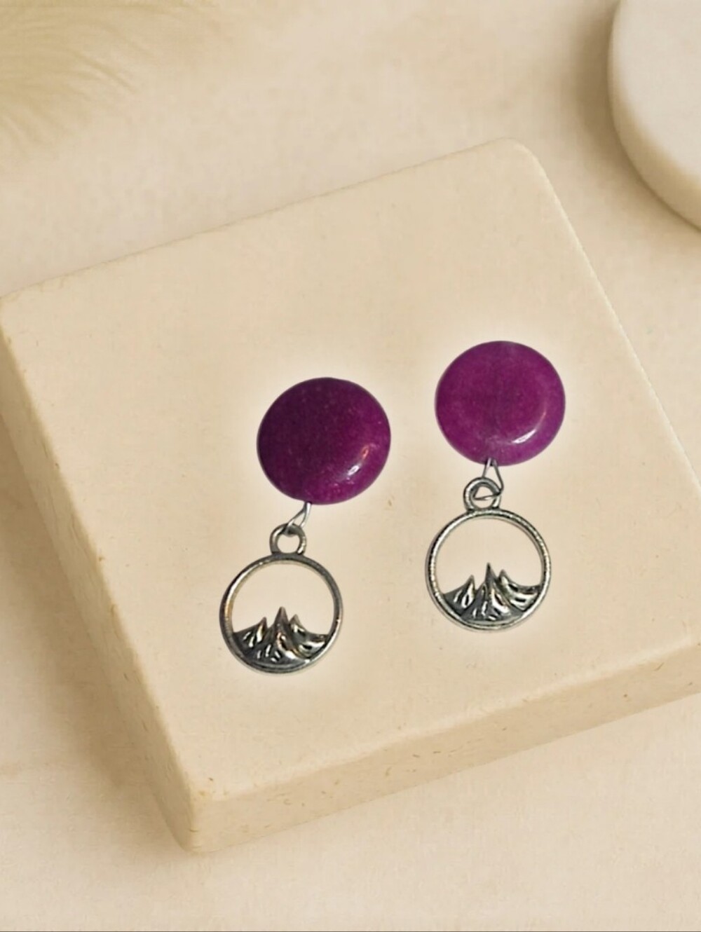 Elegant Silver Tone and Purple Dyed Quartz Mountain Earrings